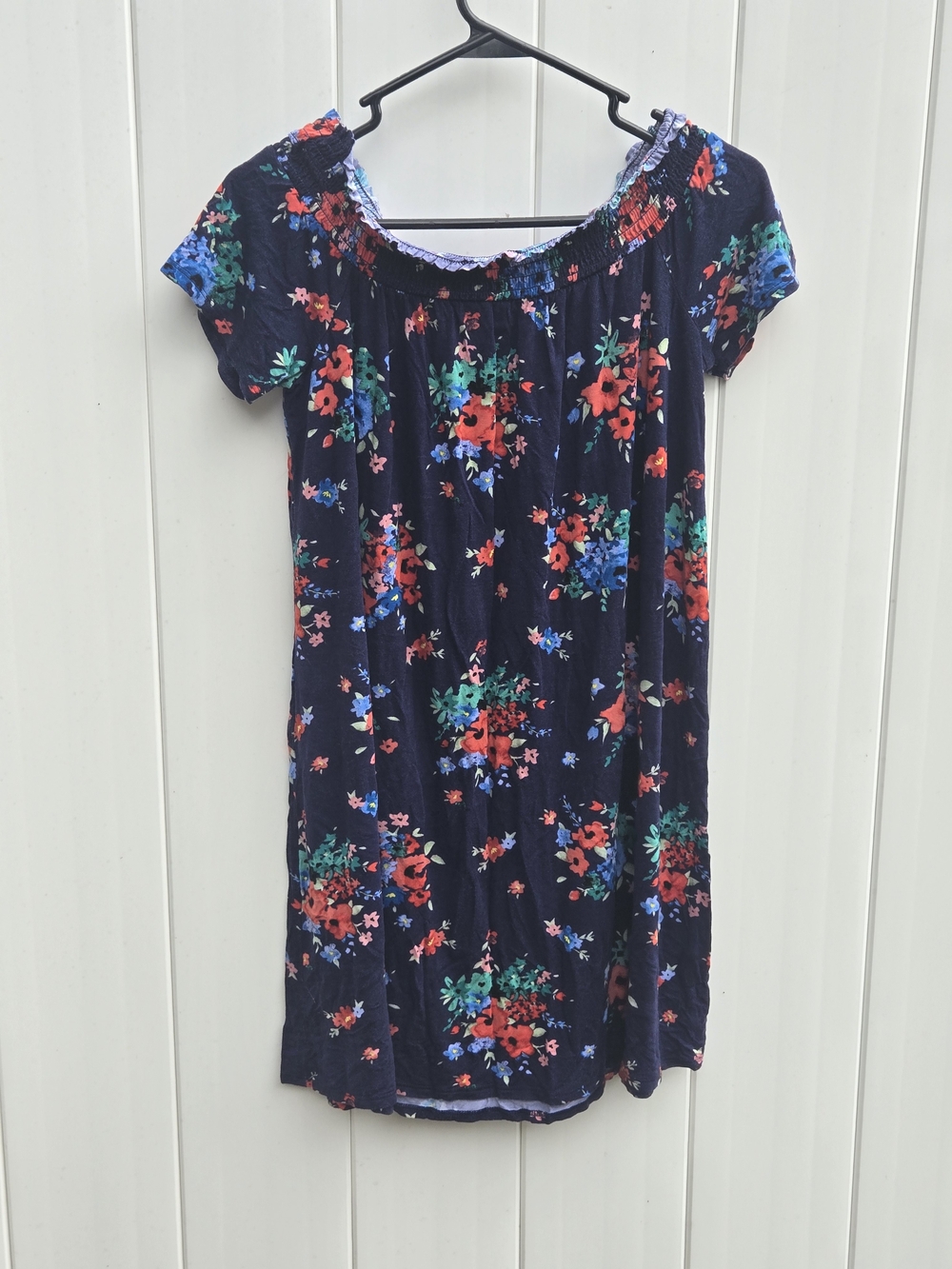 SO Navy Floral Off-Shoulder Casual Dress with Red and Green Accents Size XL